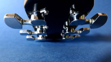 Gitar başlığı yakın plan. Mavi arkaplan
