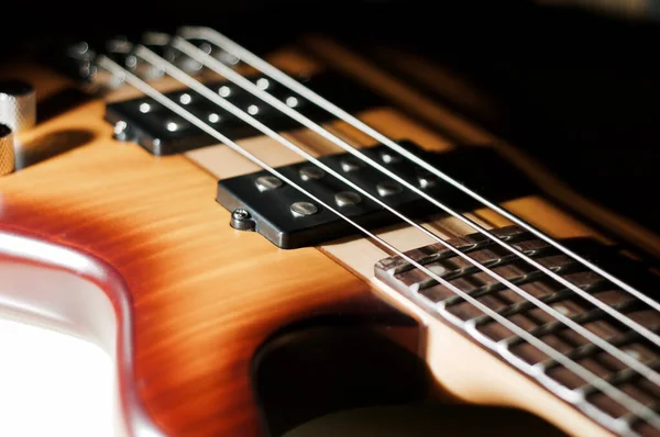 Bass Guitar Closeup Dark Background Copy Space — Stock Photo, Image