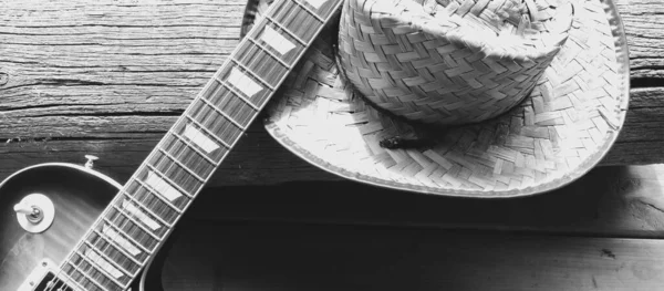 Electric Guitar Hat Wooden Boards Black White — Stock Photo, Image