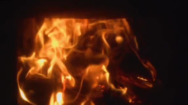 Fire Burns Stove Orange Flame Slow Motion 100P — Stock Video