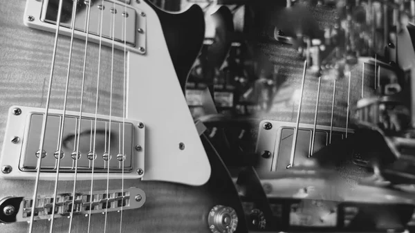    Klasik elektro gitar kapanışı. Uzayı kopyala siyah ve beyaz                           