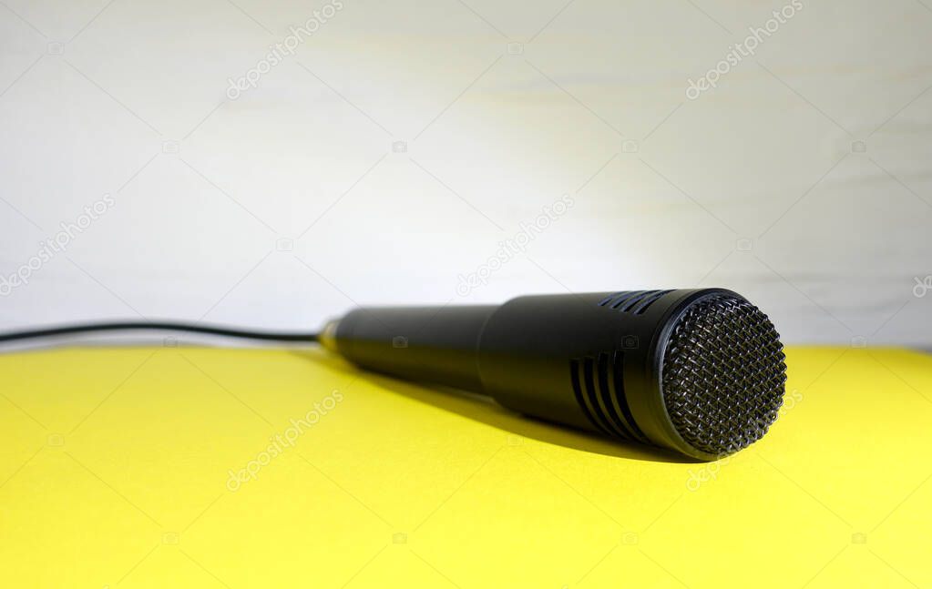 Professional studio microphone . Green backgrounds . Copy space