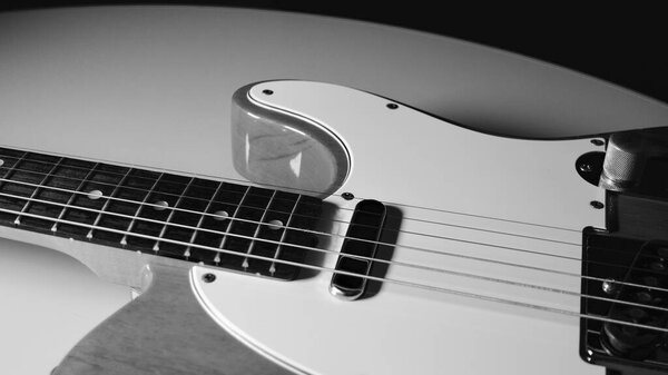 Electric guitar closeup . White background with copy space . black and white