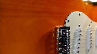 Elektro gitar kapanışı. Kopyalama alanı olan beyaz arkaplan 