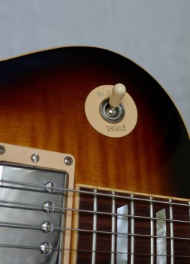Elektro gitar kapanışı. Kopyalama alanı olan beyaz arkaplan 
