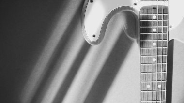 Klasik elektro gitar kapanışı. Uzayı kopyala siyah ve beyaz                              