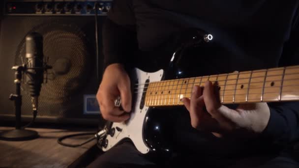 Guitarist Plays Electric Guitar Studio Record — Stock Video