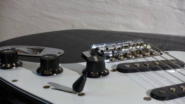 Elektro gitar kapanışı. Beyaz arka plan. Boşluğu kopyala 