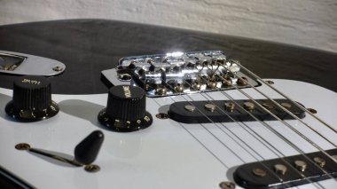 Elektro gitar kapanışı. Beyaz arka plan. Boşluğu kopyala 