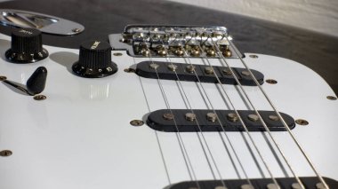 Elektro gitar kapanışı. Beyaz arka plan. Boşluğu kopyala 