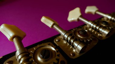 Eski bas gitarın yakın çekimi. Kopyalama alanı olan renk arkaplanı