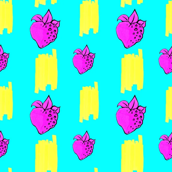 Полуничний Різнокольоровий Безшовний Візерунок Яскраві Контрастні Поєднання Рожевого Жовтого Бірюзового — стокове фото