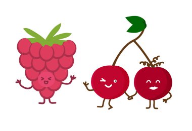 Renkli kawaii meyveleri. Gülen ve utangaç, komik eller çizilmiş yüzler. Vektör illüstrasyonu beyazda izole edildi.