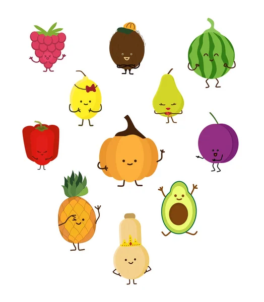 Pôr Frutas Vetor Rostos Bonito Kawaii Emoji Arte Clipe Frutas — Vetor de Stock