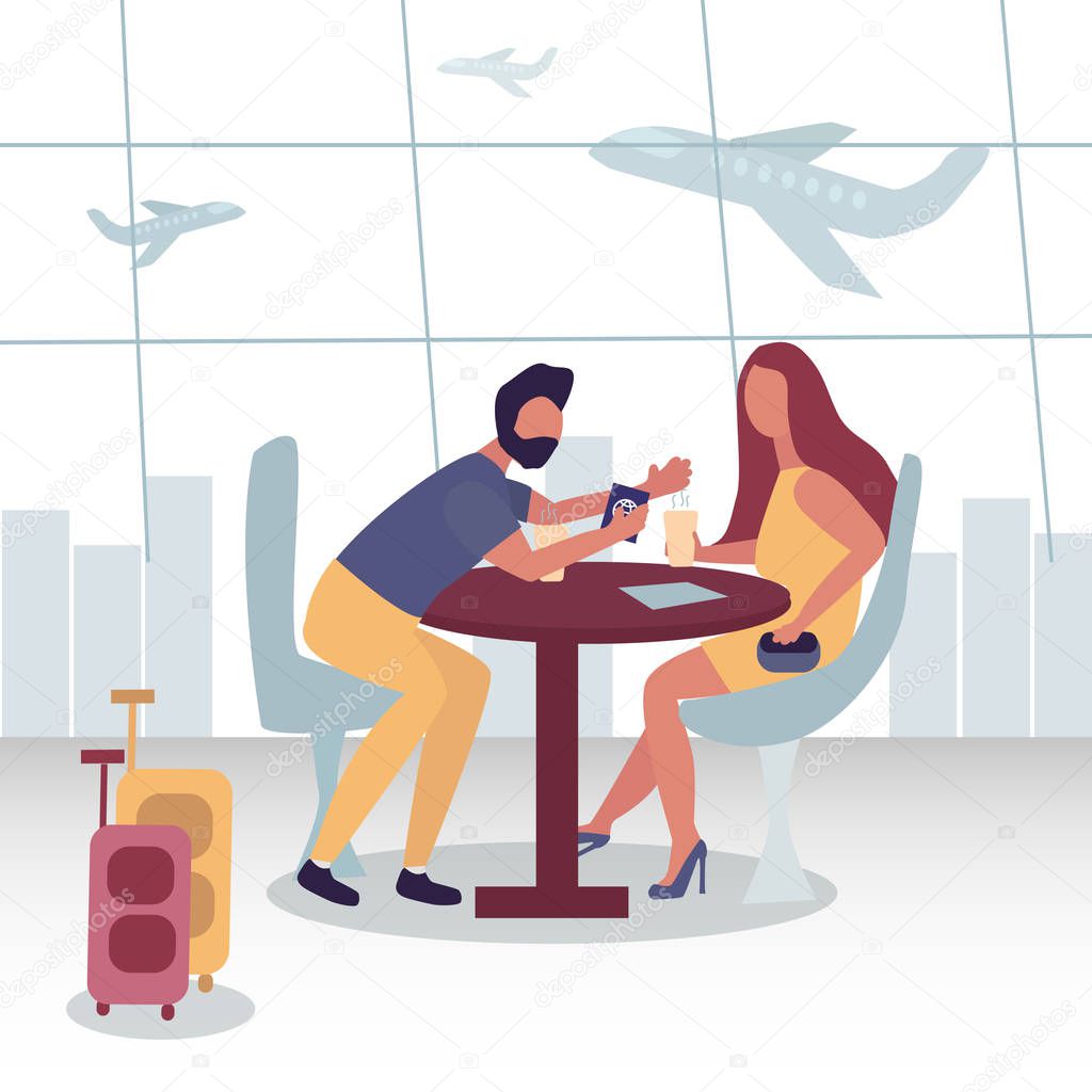 Couple is sitting in a cafe at the airport. She drinks coffee, he talks enthusiastically. Planes take off behind them. Waiting for the flight. There are two suitcases nearby. Passport in his hand. Vector illustration flat style