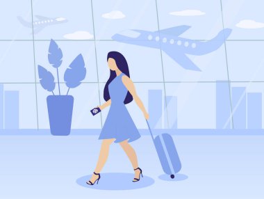 Havaalanı terminalinde pasaportu ve bavuluyla gezen genç bir kadının vektör çizimi. Feminizm, kadın özgürlüğü kavramı. Kadın bağımsızlığı, bağımsızlık, refah. Moda düzlüğü