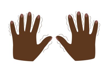 Titriyor, titriyor. Zihinsel bozuklukların, paniğin, korkunun, Parkson hastalığının belirtileri arasında titriyor. Siyah tenli, afro saçlı. düz vektör çizimi beyaz üzerine izole edildi