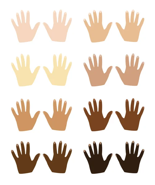 Emberi Kéz Különböző Színű Bőrrel Fehértől Feketéig Művészi Tervezés Kezek — Stock Vector