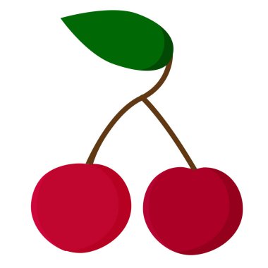 İzole edilmiş yapraklı kiraz. Çiftlik pazarı için taze meyve, vejetaryen salata tarifi veya web tasarımı. Düz bir şekilde gölgeli vektör çizimi. Beyaz arkaplanda izole.