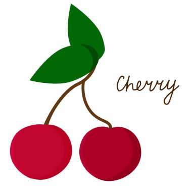 İzole edilmiş yapraklı kiraz. El çizimi harfler. Çiftlik pazarı için taze böğürtlen, meyve salatası tarifi veya web tasarımı. Düz bir şekilde gölgeli vektör çizimi. Beyaz arkaplanda izole.