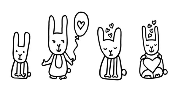 有趣的涂鸦与3只不同情绪的兔子 心脏和空气气球 最适合孩子的设计 在白色上孤立的手绘矢量图 — 图库矢量图片