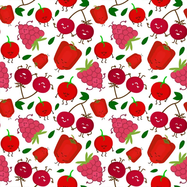 Kawaii Fruits Vegetables Seamless Pattern Face Expression White Color Background — Stock Vector