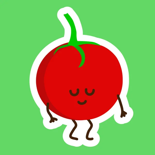 Verlegen Rode Tomaat Sticker Met Kawaii Schattig Gezicht Een Gelukkig — Stockvector