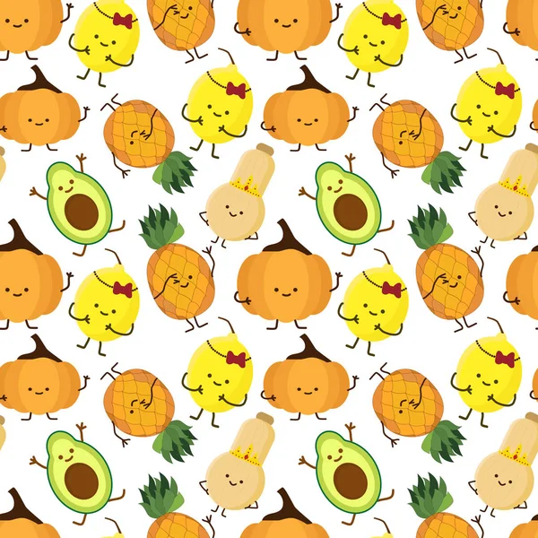 Kawaii Fruits Vegetables Seamless Pattern Face Expression White Color Background — Stock Vector