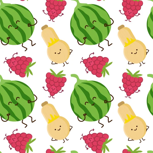 Kawaii Fruits Vegetables Seamless Pattern Face Expression White Color Background — Stock Vector