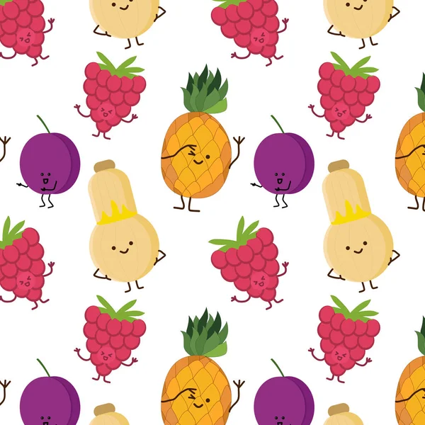 Kawaii Fruits Vegetables Seamless Pattern Face Expression White Color Background — Stock Vector