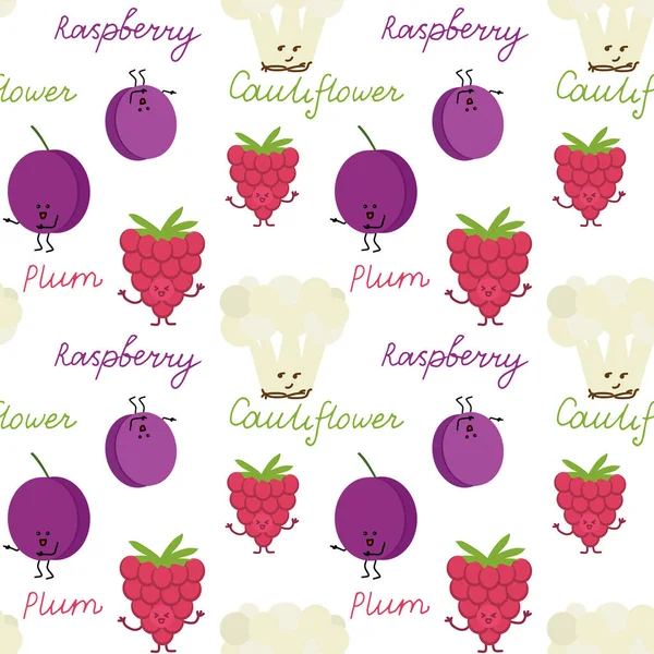 Kawaii Fruits Vegetables Seamless Pattern Face Expression White Color Background — Stock Vector