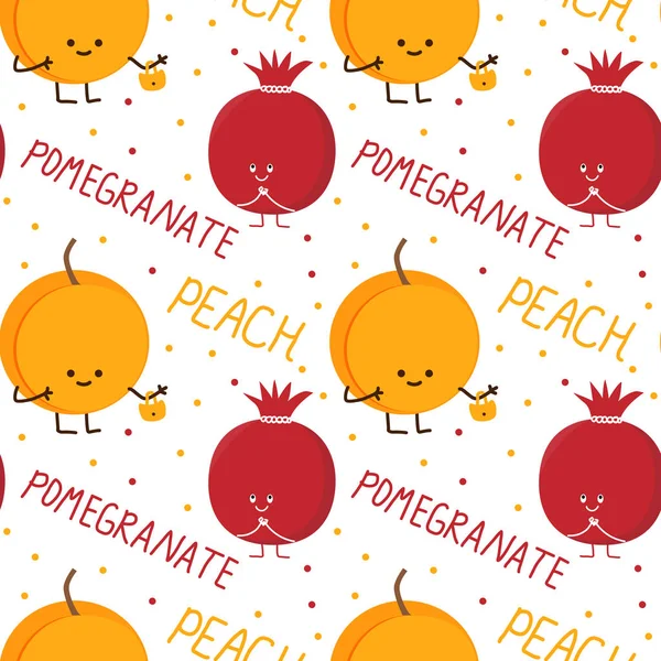 Kawaii Fruits Seamless Pattern Face Expression White Color Background Pomegranate — Stock Vector
