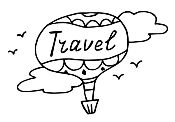 Viajar Balão Nuvens Redor Alguns Pequenos Pássaros Céu Letras Desenhadas —  Vetores de Stock