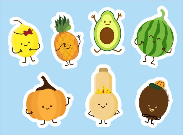 Conjunto Pegatinas Frutas Vector Kawaii Cara Linda Mejor Para Aprendizaje — Archivo Imágenes Vectoriales