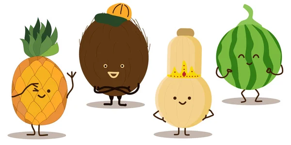 Ananas Coco Piña Calabaza Conjunto Personajes Dibujos Animados Frutas Tropicales — Archivo Imágenes Vectoriales