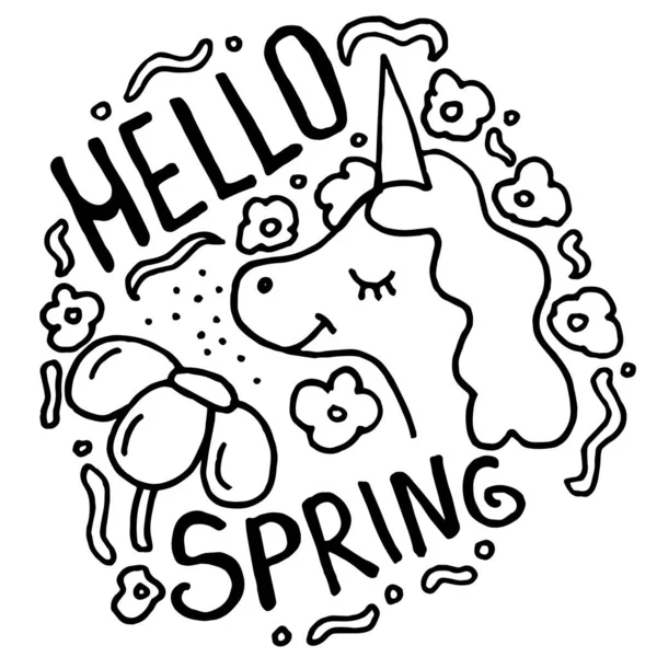春天的涂鸦与字母 春天来临时 手绘细线明信片 可爱的独角兽嗅着花 在白色背景上孤立的向量图 — 图库矢量图片