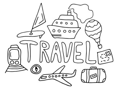 Seyahat karalaması. Siyah el, harflerle, gemiyle, trenle, haritayla seyahat etmekle ilgili ince bir kart çizmiş. Beyaz arka planda izole edilmiş. Doodle yaz kartı. Renkli Vektör illüstrasyonu