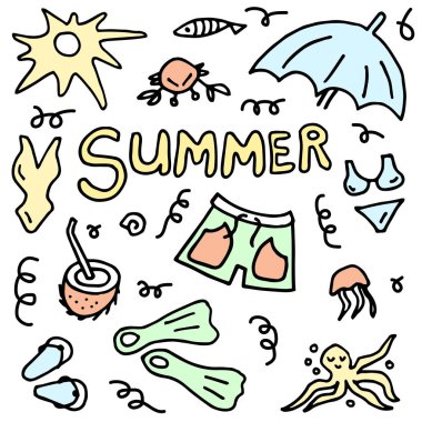 Mayolu, güneşli, yengeçli, ahtapotlu, kuyrukluyıldızlı ve yazıIı. Beyaz arka planda izole edilmiş siyah, ince bir kartpostal. Renkli Vektör illüstrasyonu