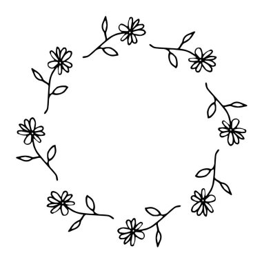 Çiçek çerçevesinin vektör çizimi. Taşralı. El çizimi basit bir çizgi. Siyah felç. Beyaz arka planda izole edilmiş. Zarif ve asil. Düğün tasarımı için en iyisi. Davetiye. Boşluğu kopyala