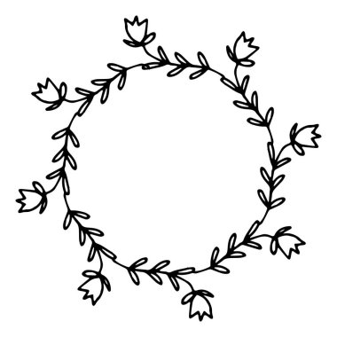 Çiçek çerçevesinin vektör çizimi. Taşralı. El çizimi basit bir çizgi. Siyah felç. Beyaz arka planda izole edilmiş. Zarif ve asil. Düğün tasarımı için en iyisi. Davetiye. Boşluğu kopyala