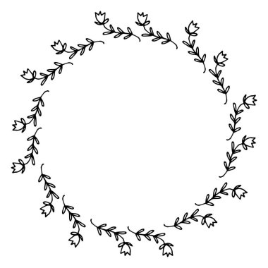 Çiçek çerçevesinin vektör çizimi. Taşralı. El çizimi basit bir çizgi. Siyah felç. Beyaz arka planda izole edilmiş. Zarif ve asil. Düğün tasarımı için en iyisi. Davetiye. Boşluğu kopyala