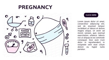 Annelik unsurları ve sembolleri olan hamile bir kadının renkli Doodle vektör çizimi. Hamilelik, beklentiler ve web afişleri için doğum konsepti, kahraman resimleri, basılı materyaller. Metin kutusu, başlık ve arkaplan
