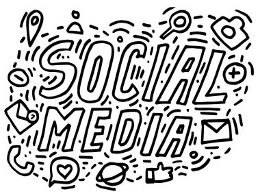 Sosyal medya işareti ve sembolünün el çizimi vektör çizimi. Kalın siyah vuruş. Karalama stili. Beyaz arkaplanda izole.