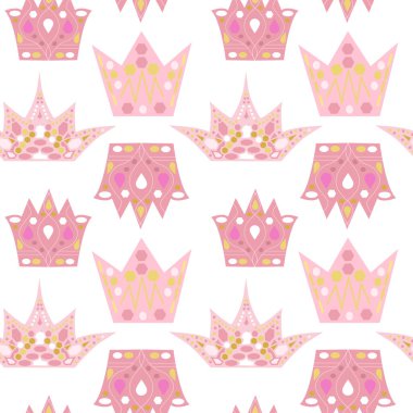 Prenses için renkli taçlarla kusursuz bir desen. Kız ve bebekler için ambalaj kağıdı için güzel bir vektör çizelgesi. Pembe ve altın rengi. Çocukların eğitim konsepti.