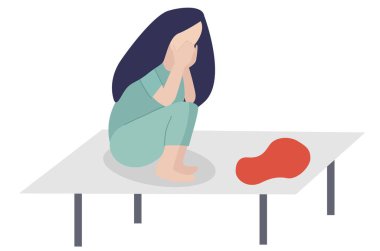 Hamilelik kaybı, kürtaj, yanlış doğum, kaçırılan düşük. Kadın hastanede ya da hastane gömleğiyle klinikte ağlıyor. Kan lekesinin yanında. Vektör illüstrasyonu beyazda izole edildi