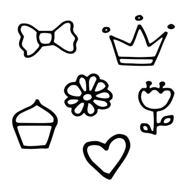 Küçük şirin bebekler için karalama oyuncakları. El çizimi çocuk oyuncakları. Kedi yavrusu, ayı, ip atlama, kamyon sabun köpüğü çekiç, tren, yay, kalp, oyuncak tavşan tabakları.