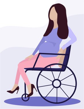 Hamile kadınlar tekerlekli sandalyede. Moda kıyafetleri ve ayakkabıları var. Mutlu bir hayat. Kadın sağlığı ya da dahil olma, eşit haklar kavramı. Annelik, annelik. Düz Vektör İllüstrasyonu