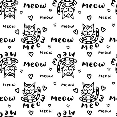 Kusursuz desenli, sevimli gözleri kapalı ve kuyruğu çizgili bir kedi. Etrafta birkaç kalp var. Miyav harfleri. Siyah çizgi çizimi beyaz arkaplanda izole edildi.