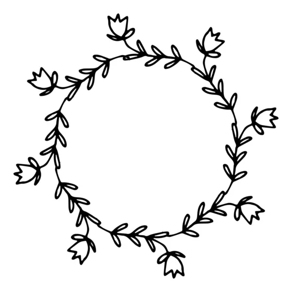Vektorillustration Des Blumenrahmens Rustikal Handgezeichnete Einfache Linie Schwarzer Strich Vereinzelt — Stockvektor