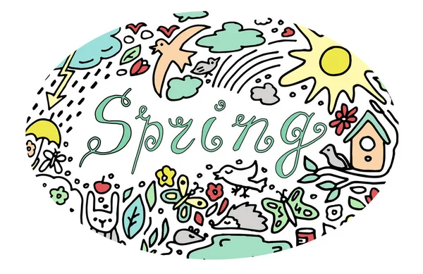 Színes Doodle Spring Madarak Aminálok Vektor Vázlatos Vonal Művészet Doodle — Stock Vector